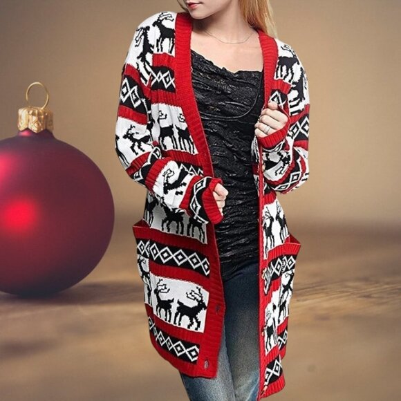 🎄V-Neck Button Down Oversized Christmas Reindeer Cardigan – Cotton Knit  Size M - Picture 2 of 6